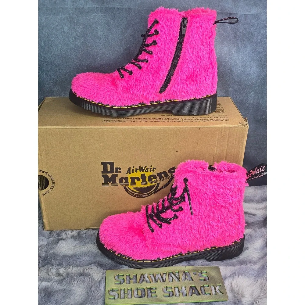 New Dr. Martens Junior 1460 Pascal Tinsel Fur Pink Lace Up Boots Kids Size 3